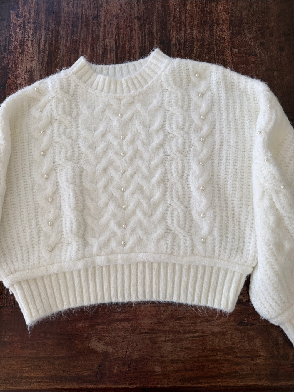 ✨NEW Altar'd State Ivory Cable-Knit Pearl Embellished Crew Neck Sweater ✨